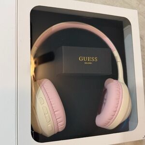 GUESS Pink and Cream Wireless Headphones with Gold Logo
